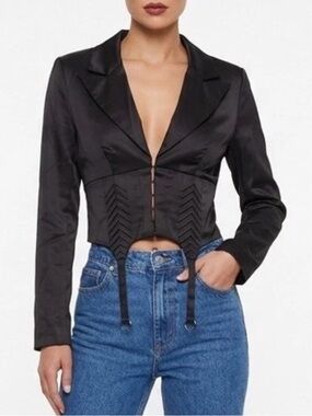 Naked Wardrobe The Statement Black Corset Cropped Blazer Garter Straps NWOT MED